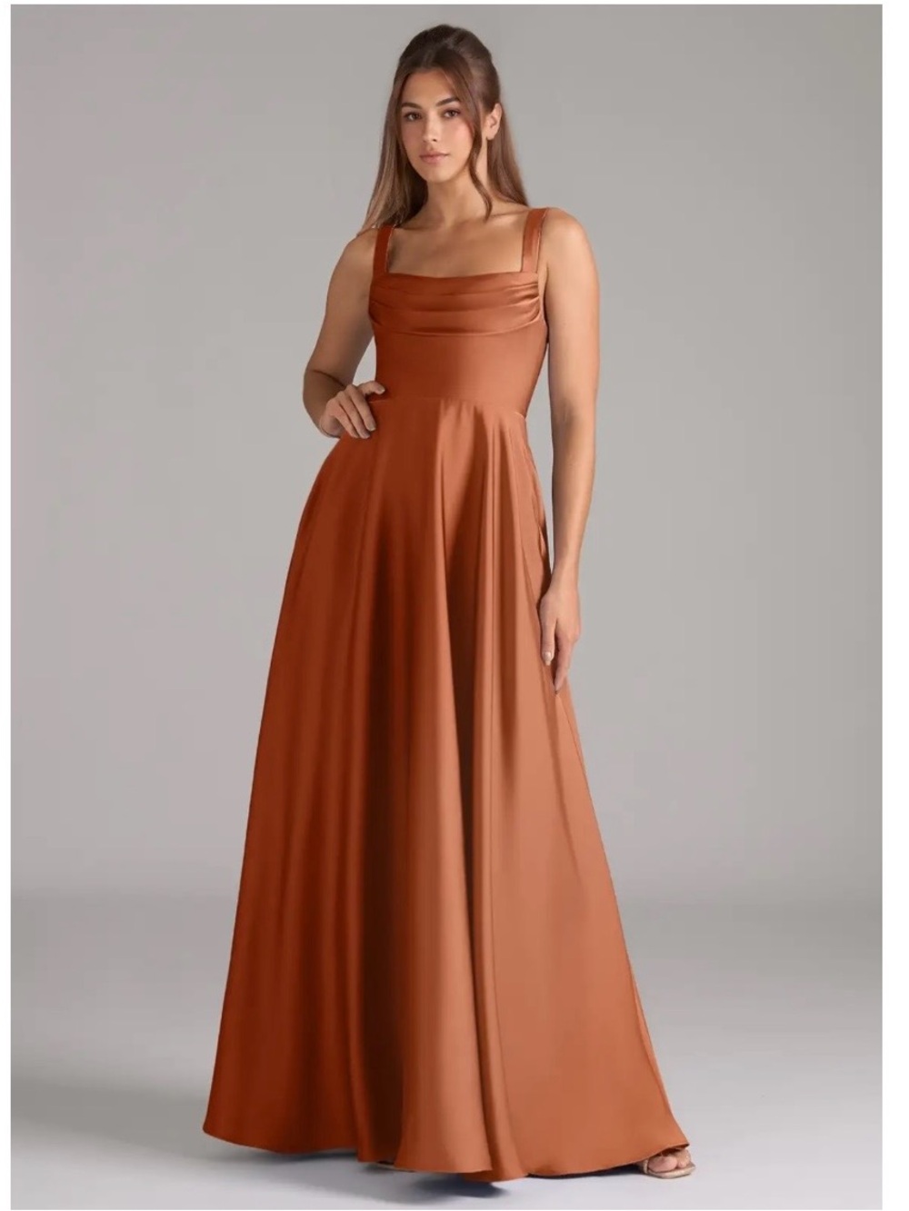 Azazie Shaude Stretch Copper A-Line Pleated Stretch Satin Dress, Size 8 - Picture 1 of 10
